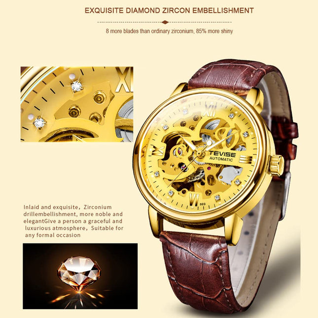 Huaishu Men Watches Au ATIC Mechanical Skeleton Diamond-Studded Watch Genuine Leather Band L Nous Hands 3ATM Waterproof Male Fashion Wristwatch White 