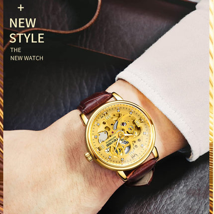 Huaishu Men Watches Au ATIC Mechanical Skeleton Diamond-Studded Watch Genuine Leather Band L Nous Hands 3ATM Waterproof Male Fashion Wristwatch White 