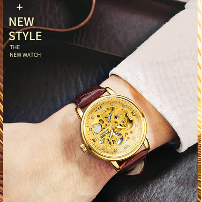 Huaishu Men Watches Au ATIC Mechanical Skeleton Diamond-Studded Watch Genuine Leather Band L Nous Hands 3ATM Waterproof Male Fashion Wristwatch White 