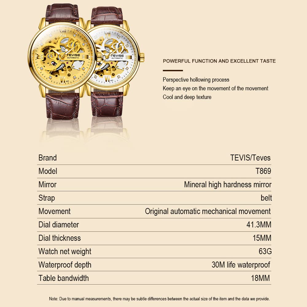 Huaishu Men Watches Au ATIC Mechanical Skeleton Diamond-Studded Watch Genuine Leather Band L Nous Hands 3ATM Waterproof Male Fashion Wristwatch White 