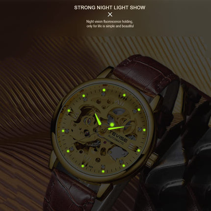Huaishu Men Watches Au ATIC Mechanical Skeleton Diamond-Studded Watch Genuine Leather Band L Nous Hands 3ATM Waterproof Male Fashion Wristwatch White 