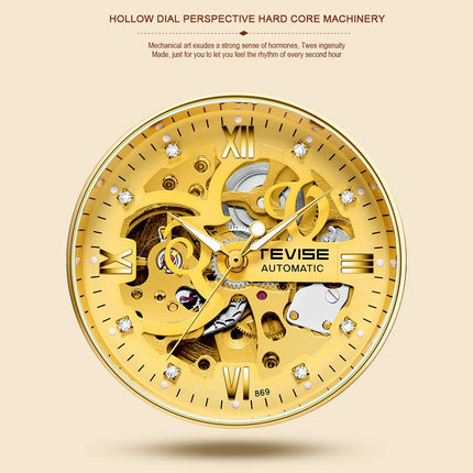 Huaishu Men Watches Au ATIC Mechanical Skeleton Diamond-Studded Watch Genuine Leather Band L Nous Hands 3ATM Waterproof Male Fashion Wristwatch White 
