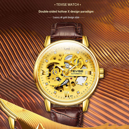 Huaishu Men Watches Au ATIC Mechanical Skeleton Diamond-Studded Watch Genuine Leather Band L Nous Hands 3ATM Waterproof Male Fashion Wristwatch White 