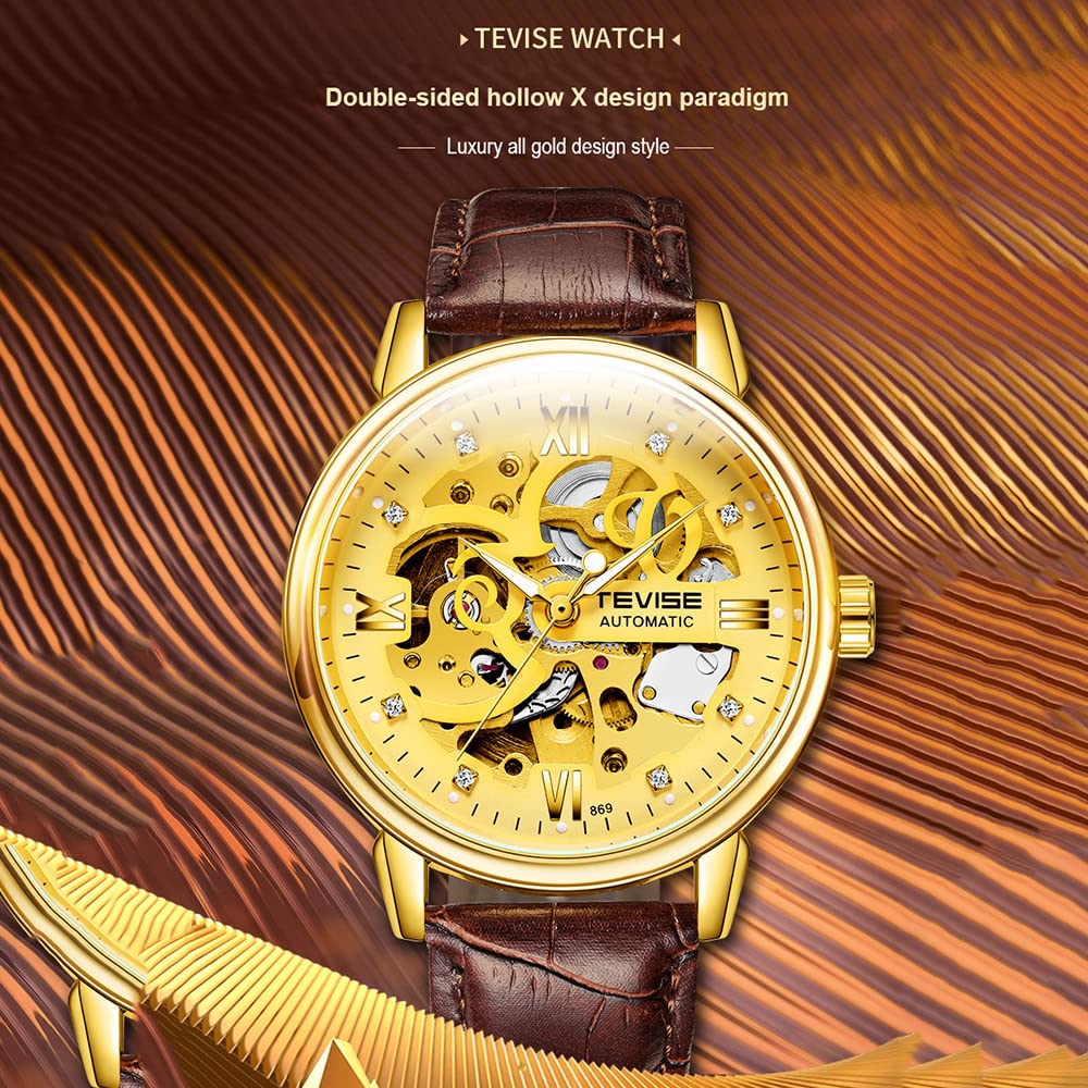 Huaishu Men Watches Au ATIC Mechanical Skeleton Diamond-Studded Watch Genuine Leather Band L Nous Hands 3ATM Waterproof Male Fashion Wristwatch White 