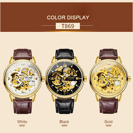 Huaishu Men Watches Au ATIC Mechanical Skeleton Diamond-Studded Watch Genuine Leather Band L Nous Hands 3ATM Waterproof Male Fashion Wristwatch White 