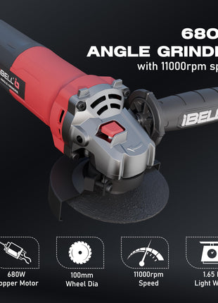 IBELL Angle Grinder AG10-68, 680W Heavy Duty, Copper Armature, Disc Dia 100mm, 11000 RPM with Grinding Wheel and Guard… 