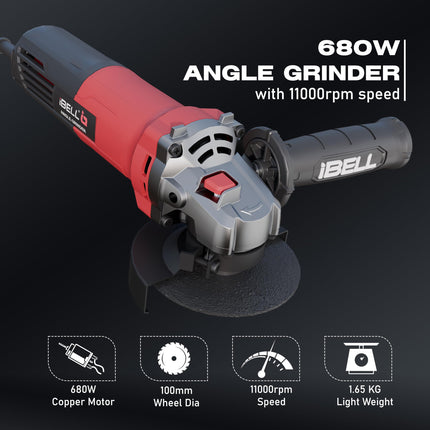 IBELL Angle Grinder AG10-68, 680W Heavy Duty, Copper Armature, Disc Dia 100mm, 11000 RPM with Grinding Wheel and Guard… 