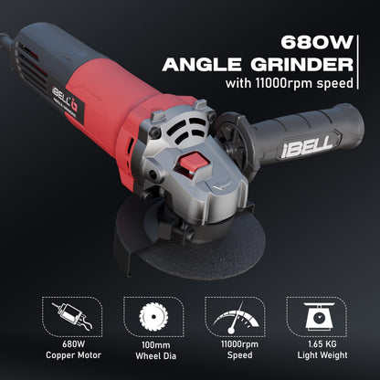 IBELL Angle Grinder AG10-68, 680W Heavy Duty, Copper Armature, Disc Dia 100mm, 11000 RPM with Grinding Wheel and Guard… 