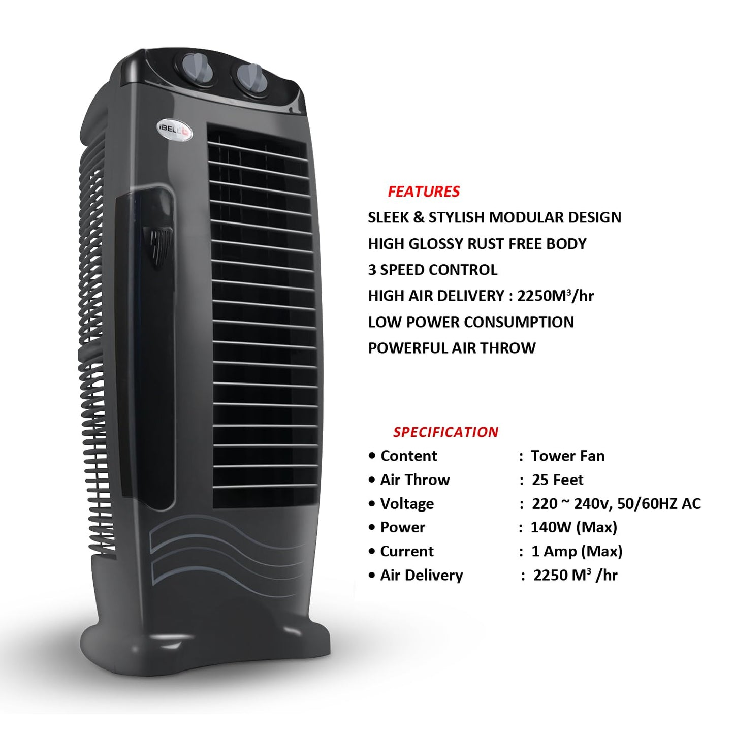 IBELL DELUXE High Speed Tower Fan, Low Power Consumption and Anti-Rust Body, 25-foot Air Delivery, 4-way Air Flow (Grey) 