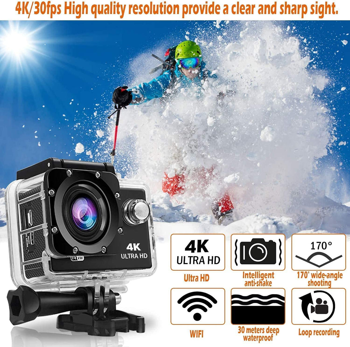 IBS 4K 30FPS Action Camera Ultra HD Underwater Camera 170 Degree Wide Angle 98Ft Waterproof Camera (Light Action) - Digital, Multicolor 