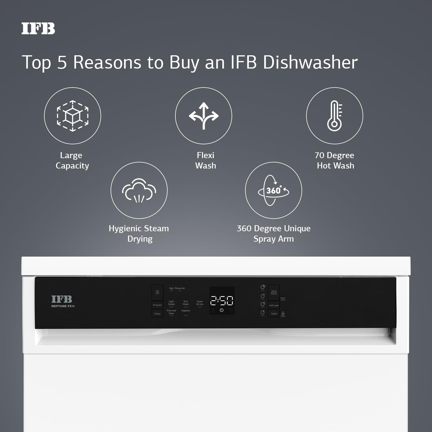IFB 14 Place Settings 70 degree Hot wash Dishwasher (Neptune FX14, White, 360 Degree Spray Arm, Washes from Kadhai to Crockery) 