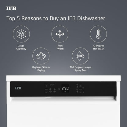 IFB 14 Place Settings 70 degree Hot wash Dishwasher (Neptune FX14, White, 360 Degree Spray Arm, Washes from Kadhai to Crockery) 