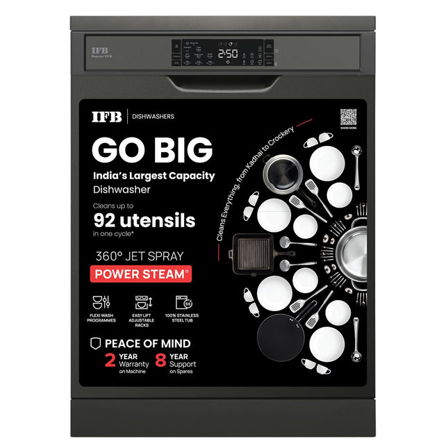 IFB 16 Place Setting Dishwasher with Ion Technology, Auto Programs, (Neptune VX16, 70 Degree Hot Water Wash, Hygienic Steam Drying, with Extra Third Rack, Inox Grey) 