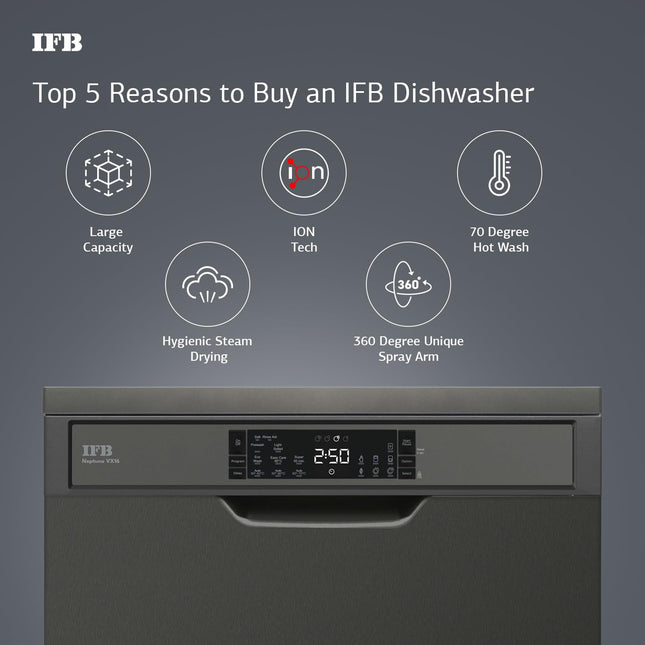 IFB 16 Place Setting Dishwasher with Ion Technology, Auto Programs, (Neptune VX16, 70 Degree Hot Water Wash, Hygienic Steam Drying, with Extra Third Rack, Inox Grey) 