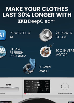 IFB 6.5 Kg 5 Star Powered by AI with 9 Swirl Wash, Fully Automatic Front Load Washing Machine (ELENA GXN 6510, Steam Refresh Program with Eco Inverter, Grey) 