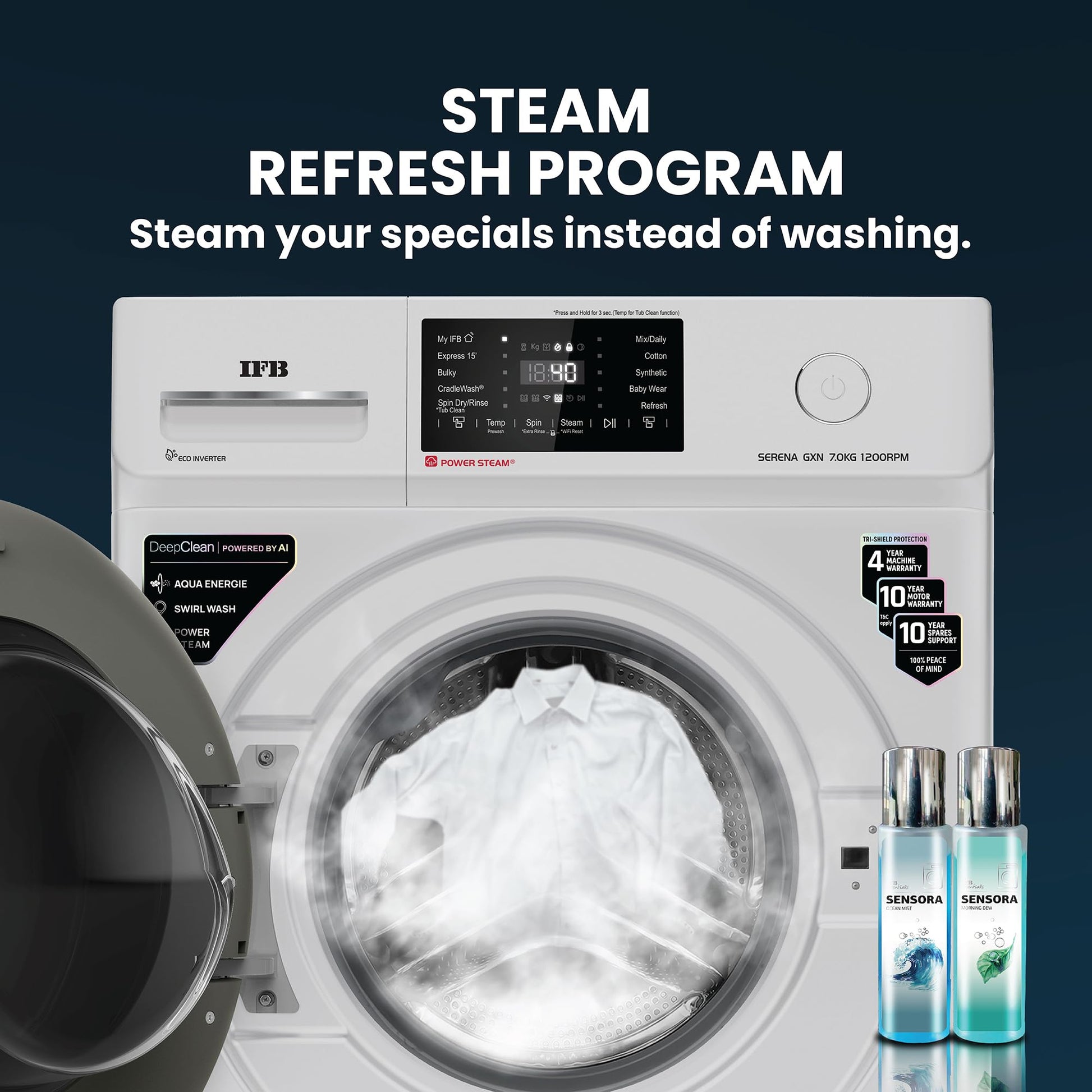IFB 7 Kg 5 Star Powered by AI with 9 Swirl Wash, WiFi, Fully Automatic Front Load Washing Machine (SERENA GXN 7012, Steam Refresh Program with Eco Inverter, Grey) 