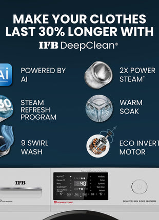 IFB 8 Kg 5 Star Powered by AI with 9 Swirl Wash, WiFi, Fully Automatic Front Load Washing Machine (Senator GXN 8012, Steam Refresh Program with Eco Inverter, Grey) 