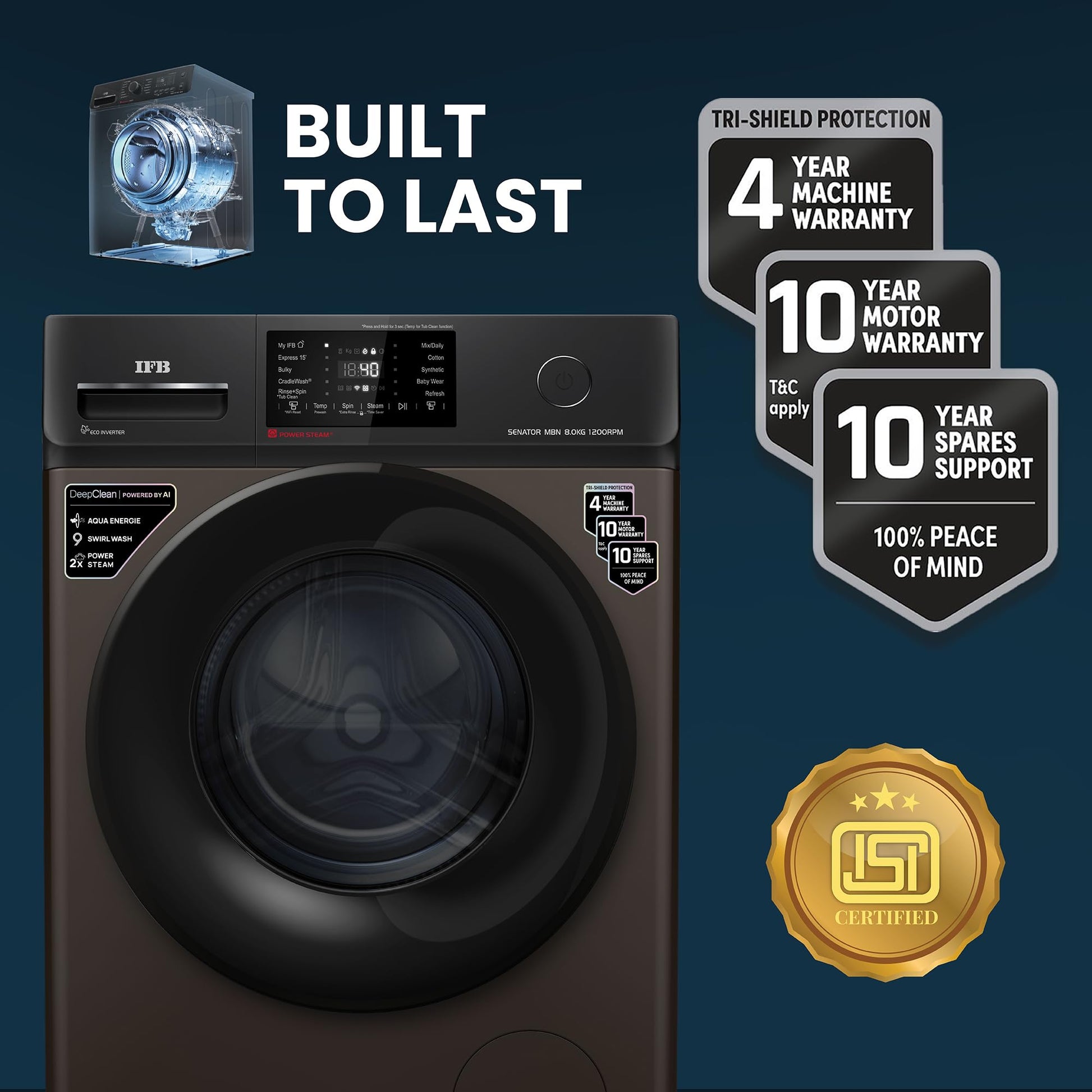 IFB 8 Kg 5 Star Powered by AI with 9 Swirl Wash, WiFi, Fully Automatic Front Load Washing Machine (Senator MBN 8012, Steam Refresh Program with Eco Inverter, Mocha) 