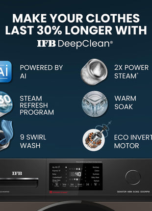 IFB 8 Kg 5 Star Powered by AI with 9 Swirl Wash, WiFi, Fully Automatic Front Load Washing Machine (Senator MBN 8012, Steam Refresh Program with Eco Inverter, Mocha) 