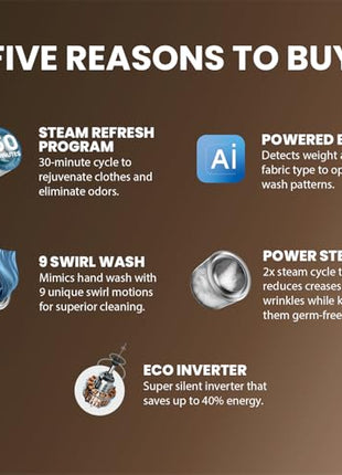 IFB 9 Kg 5 Star, DeepClean® Technology, AI Powered, WiFi, Fully Automatic Front Load Washing Machine (EXECUTIVE MXN 9014K CMS, PowerSteam®, 9 Swirl, Steam Refresh, Inbuilt Heater, Eco Inverter, Mocha) 