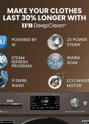 IFB 9 Kg 5 Star, DeepClean® Technology, AI Powered, WiFi, Fully Automatic Front Load Washing Machine (EXECUTIVE MXN 9014K CMS, PowerSteam®, 9 Swirl, Steam Refresh, Inbuilt Heater, Eco Inverter, Mocha) 