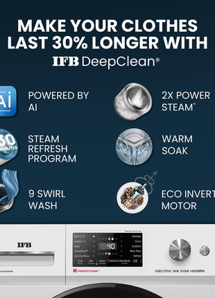 IFB 9 Kg 5 Star Powered by AI with 9 Swirl Wash, WiFi, Fully Automatic Front Load Washing Machine (Executive SXN 9014K, Steam Refresh Program with Eco Inverter, Rich Silver) 