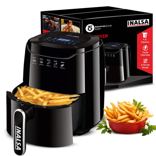 INALSA Air Fryer 4.2 ltr|1400 W with Air Crisp Technology|Temperature & Timer Control|8 Preset Menu & Digital Display|Air fry, Bake,Roast,Reheat,Dehydrate|Airfryer Recipe book(Tasty Fry Digital) 