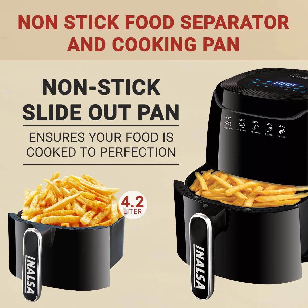 INALSA Air Fryer 4.2 ltr|1400 W with Air Crisp Technology|Temperature & Timer Control|8 Preset Menu & Digital Display|Air fry, Bake,Roast,Reheat,Dehydrate|Airfryer Recipe book(Tasty Fry Digital) 