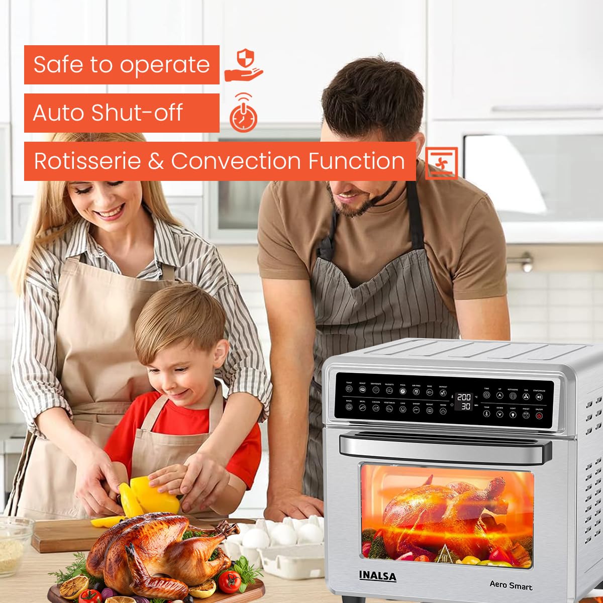 INALSA Air Fryer Oven With 23L Capacity|1700 W-16 Preset Programs |Digital Display and Touch Control| Rotisserie & Convection| 6 Accessories| Recipe Book|2 Year Warranty-Aero Smart23 