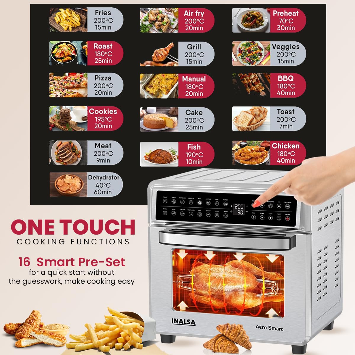 INALSA Air Fryer Oven With 23L Capacity|1700 W-16 Preset Programs |Digital Display and Touch Control| Rotisserie & Convection| 6 Accessories| Recipe Book|2 Year Warranty-Aero Smart23 