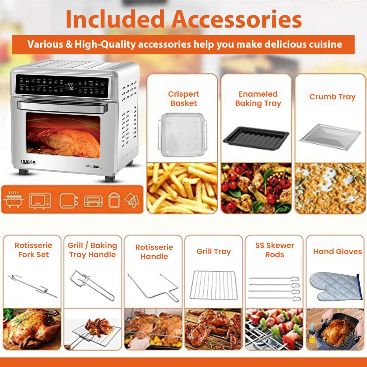 INALSA Air Fryer Oven With 23L Capacity|1700 W-16 Preset Programs |Digital Display and Touch Control| Rotisserie & Convection| 6 Accessories| Recipe Book|2 Year Warranty-Aero Smart23 