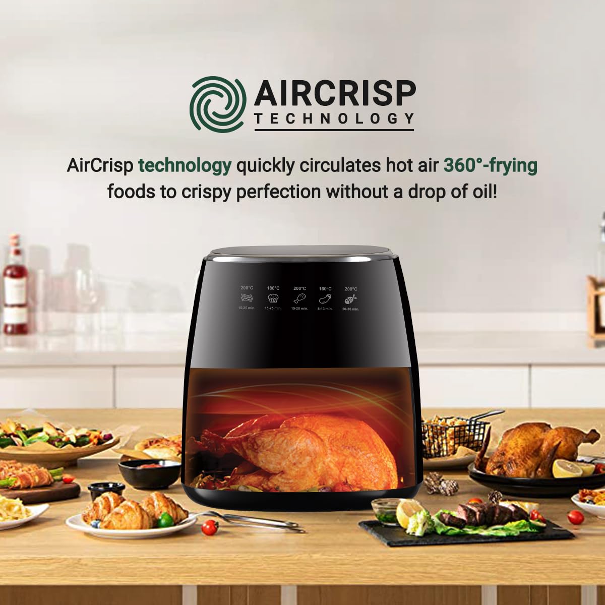 INALSA Air Fryer for Home|5.5 liter Capacity|Visible Window & Internal Light|1600 W with Smart AirCrisp Technology|6-In-1 Appliance With 8 Preset Menu & Digital Display (Tasty fry DW5.5)Black 