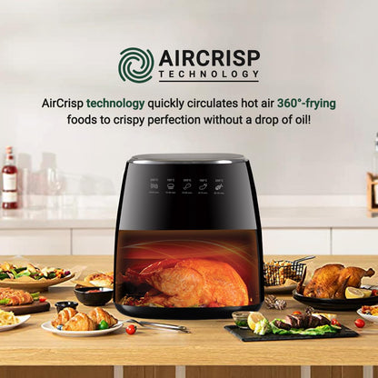 INALSA Air Fryer for Home|5.5 liter Capacity|Visible Window & Internal Light|1600 W with Smart AirCrisp Technology|6-In-1 Appliance With 8 Preset Menu & Digital Display (Tasty fry DW5.5)Black 