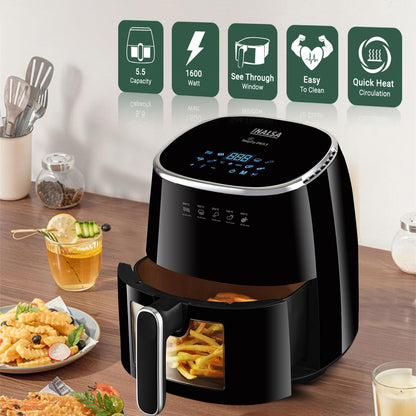 INALSA Air Fryer for Home|5.5 liter Capacity|Visible Window & Internal Light|1600 W with Smart AirCrisp Technology|6-In-1 Appliance With 8 Preset Menu & Digital Display (Tasty fry DW5.5)Black 