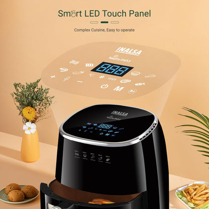 INALSA Air Fryer for Home|5.5 liter Capacity|Visible Window & Internal Light|1600 W with Smart AirCrisp Technology|6-In-1 Appliance With 8 Preset Menu & Digital Display (Tasty fry DW5.5)Black 
