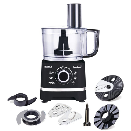 INALSA Food Processor for Kitchen with 800 W Copper Motor|1.4 L Main Bowl Capacity |2 Speed Setting with Pulse Function|7 Accessories| chopping| kneading| shredding|Child Lock Safety (Black)-Easy Prep 