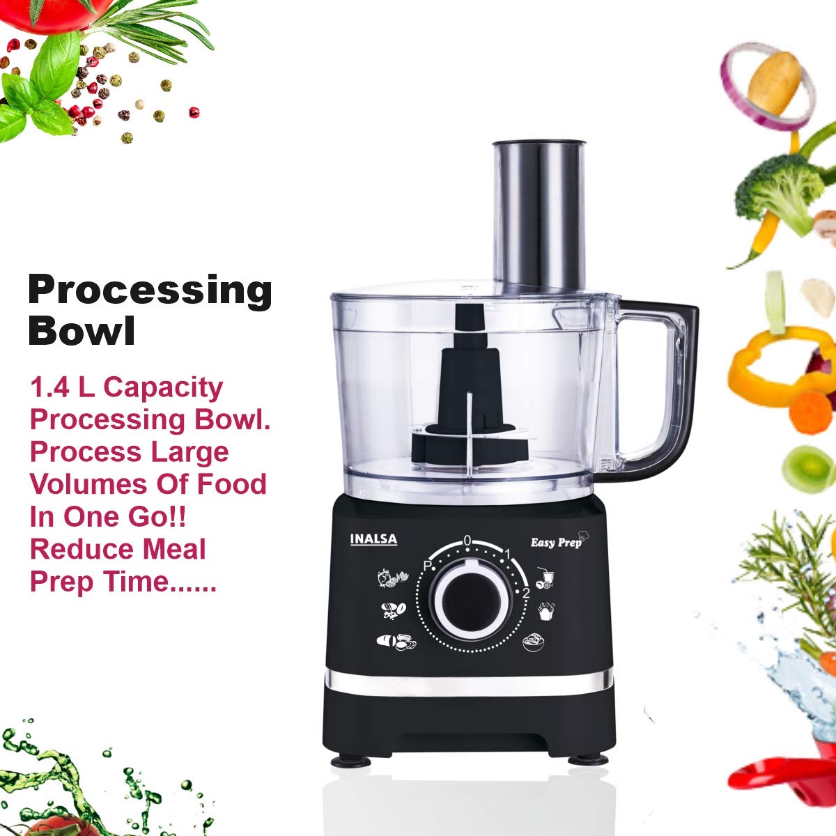 INALSA Food Processor for Kitchen with 800 W Copper Motor|1.4 L Main Bowl Capacity |2 Speed Setting with Pulse Function|7 Accessories| chopping| kneading| shredding|Child Lock Safety (Black)-Easy Prep 
