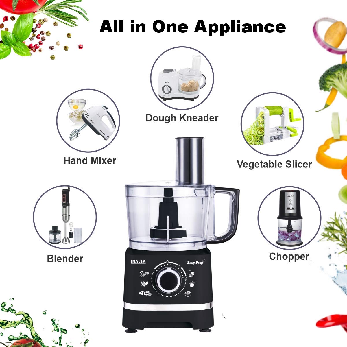 INALSA Food Processor for Kitchen with 800 W Copper Motor|1.4 L Main Bowl Capacity |2 Speed Setting with Pulse Function|7 Accessories| chopping| kneading| shredding|Child Lock Safety (Black)-Easy Prep 