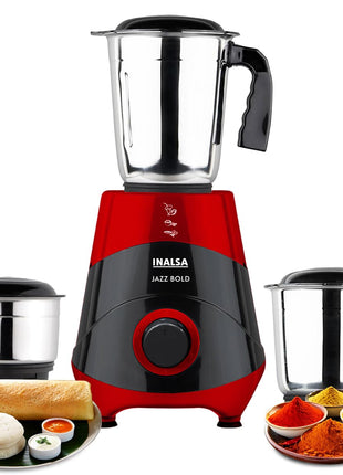 INALSA Mixer Grinder|500W Powerful Motor|High RPM 21000 for Finer Grinding Result|3 Stainless Steel Jars (1.2 L,0.8 L,0.4 L)|Leak-Proof Lid|3 Speed Control & Pulse Function|2 Year Warranty|Jazz Bold 