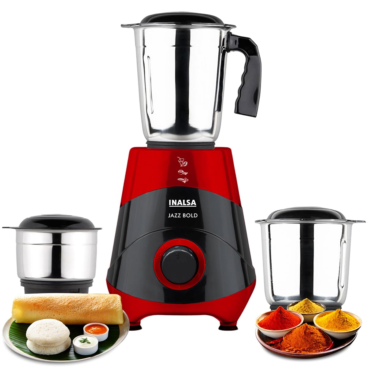 INALSA Mixer Grinder|500W Powerful Motor|High RPM 21000 for Finer Grinding Result|3 Stainless Steel Jars (1.2 L,0.8 L,0.4 L)|Leak-Proof Lid|3 Speed Control & Pulse Function|2 Year Warranty|Jazz Bold 