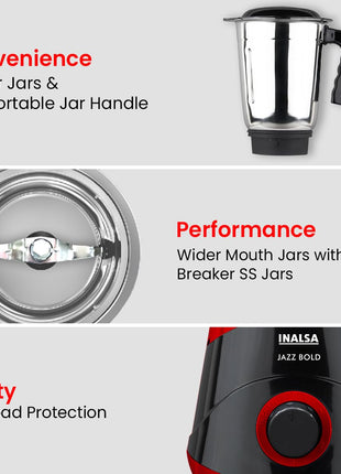 INALSA Mixer Grinder|500W Powerful Motor|High RPM 21000 for Finer Grinding Result|3 Stainless Steel Jars (1.2 L,0.8 L,0.4 L)|Leak-Proof Lid|3 Speed Control & Pulse Function|2 Year Warranty|Jazz Bold 