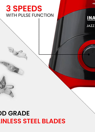 INALSA Mixer Grinder|500W Powerful Motor|High RPM 21000 for Finer Grinding Result|3 Stainless Steel Jars (1.2 L,0.8 L,0.4 L)|Leak-Proof Lid|3 Speed Control & Pulse Function|2 Year Warranty|Jazz Bold 