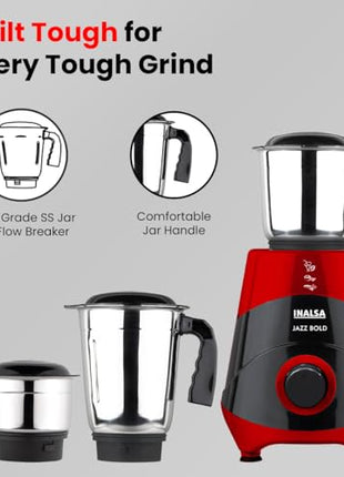 INALSA Mixer Grinder|500W Powerful Motor|High RPM 21000 for Finer Grinding Result|3 Stainless Steel Jars (1.2 L,0.8 L,0.4 L)|Leak-Proof Lid|3 Speed Control & Pulse Function|2 Year Warranty|Jazz Bold 