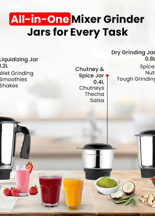 INALSA Mixer Grinder|500W Powerful Motor|High RPM 21000 for Finer Grinding Result|3 Stainless Steel Jars (1.2 L,0.8 L,0.4 L)|Leak-Proof Lid|3 Speed Control & Pulse Function|2 Year Warranty|Jazz Bold 