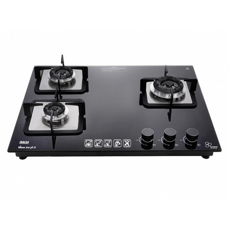 INASLA Premium 3 Burner ≈70cm Gas Stove|5Yr Warranty on Glass & 2Yr on Burner|8MM Toughened Glass|Auto Ignition|Jumbo Brass Burner|LPG Ready &PNG Compatible|360° Gas Nozzle|Milano Arte3B 