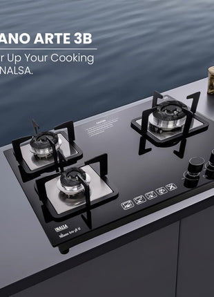 INASLA Premium 3 Burner ≈70cm Gas Stove|5Yr Warranty on Glass & 2Yr on Burner|8MM Toughened Glass|Auto Ignition|Jumbo Brass Burner|LPG Ready &PNG Compatible|360° Gas Nozzle|Milano Arte3B 
