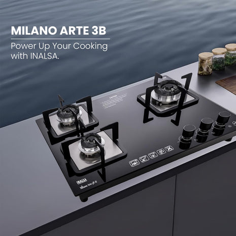 INASLA Premium 3 Burner ≈70cm Gas Stove|5Yr Warranty on Glass & 2Yr on Burner|8MM Toughened Glass|Auto Ignition|Jumbo Brass Burner|LPG Ready &PNG Compatible|360° Gas Nozzle|Milano Arte3B 