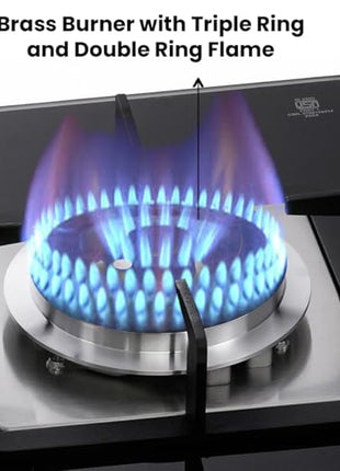 INASLA Premium 3 Burner ≈70cm Gas Stove|5Yr Warranty on Glass & 2Yr on Burner|8MM Toughened Glass|Auto Ignition|Jumbo Brass Burner|LPG Ready &PNG Compatible|360° Gas Nozzle|Milano Arte3B 