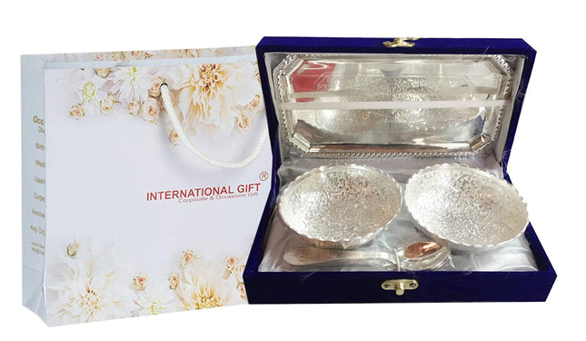 INTERNATIONAL GIFT® German Silver Brass Two Bowl with Two Spoon and with Single Tray with Beautiful Velvet Box Packing with Carry Bag Uses for Dry Fruit | Chocolate | Sweet | HomeDecor 