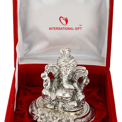 INTERNATIONAL GIFT® Silver Plated Pagdi Ganesh God Idol Statue Oxidized Finish with Beautiful Velvet Box Packing and with Carry Bag (10H x 8W x 8L Centimeters) 